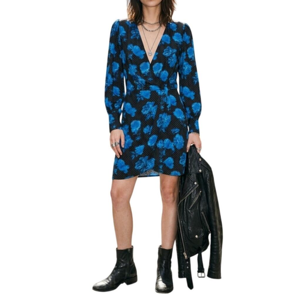 The Kooples Dress US 6 EU 38 Black Floral Blue Roses Polka Dot Rocker Chic Indie